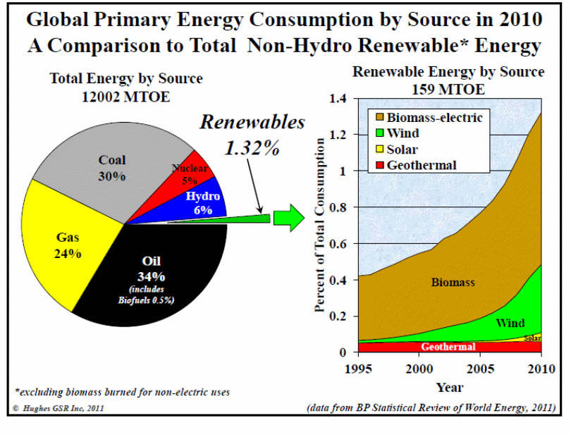 A comparison between renewable energy consumption by source in 2010.