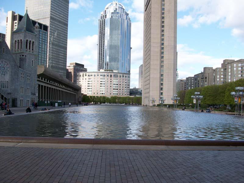 the Reflecting Pool at the center of the plaza.