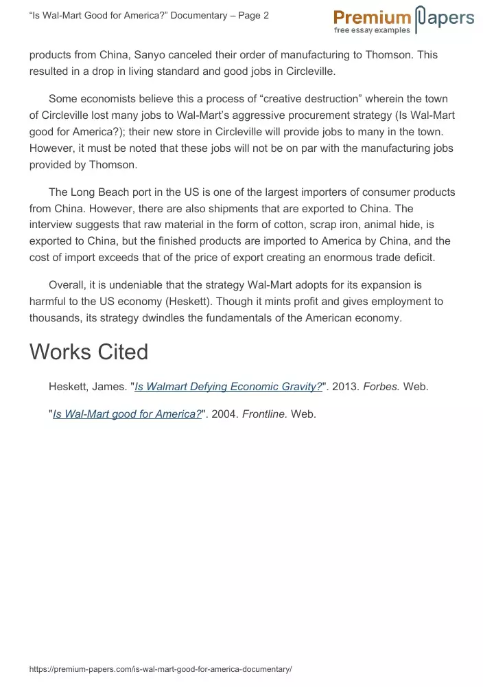 Is Wal-Mart Good for America?" Documentary Essay Example (Free)